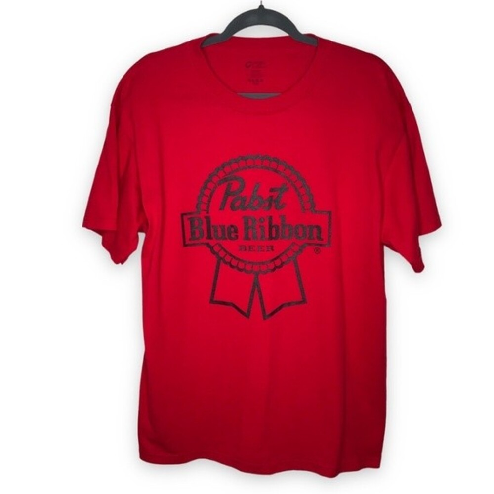 Port and Company Pabst Blue Ribbon Red T Shirt Black Graphics Men Size Large